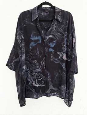 ALL SAINTS Marble Dyed Oversized Black Blue Top, M